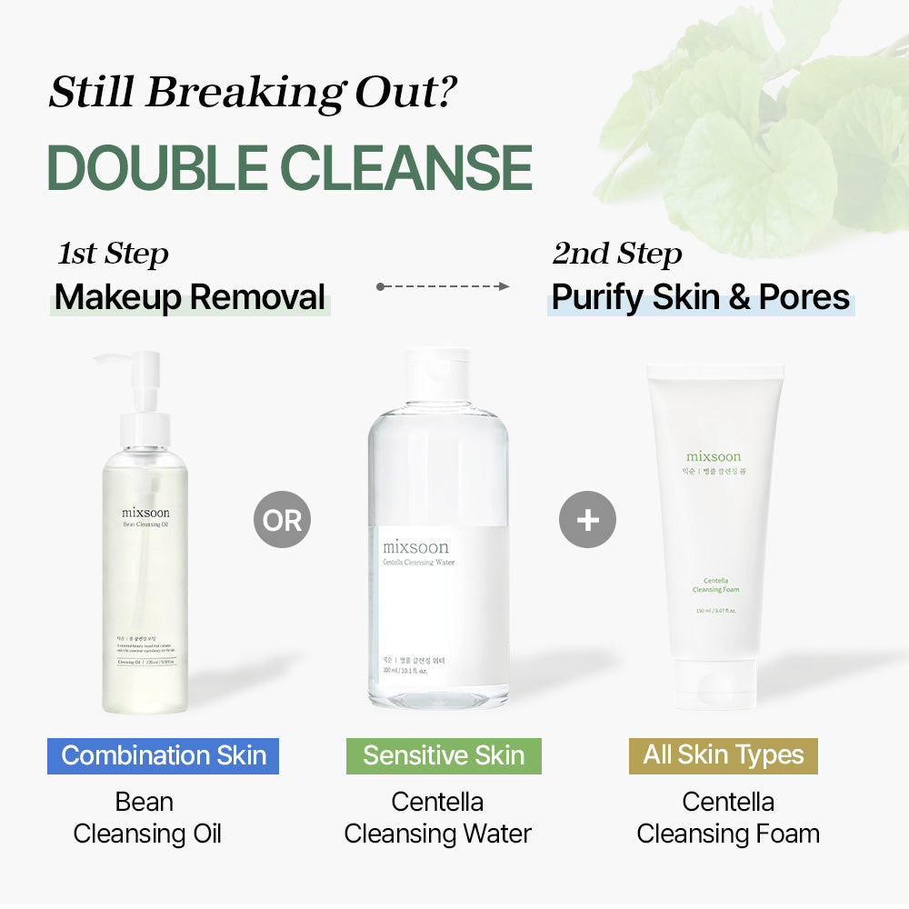 Double cleanse routine graphic featuring mixsoon Centella Cleansing Foam for all skin types.