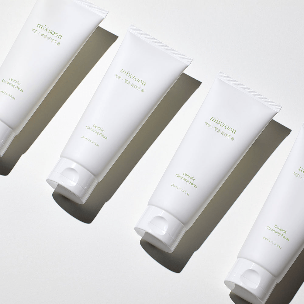 mixsoon Centella Cleansing Foam tubes arranged on a flat surface showcasing the product's clean design.