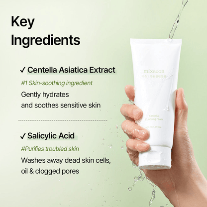 mixsoon Centella Cleansing Foam showing key ingredients like Centella Asiatica Extract and Salicylic Acid for skin care.