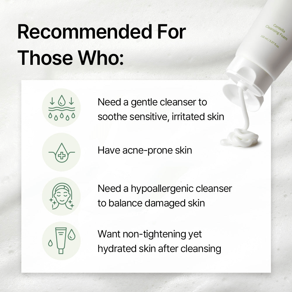 Recommended uses for mixsoon Centella Cleansing Foam including gentle cleansing and hydration for sensitive skin.