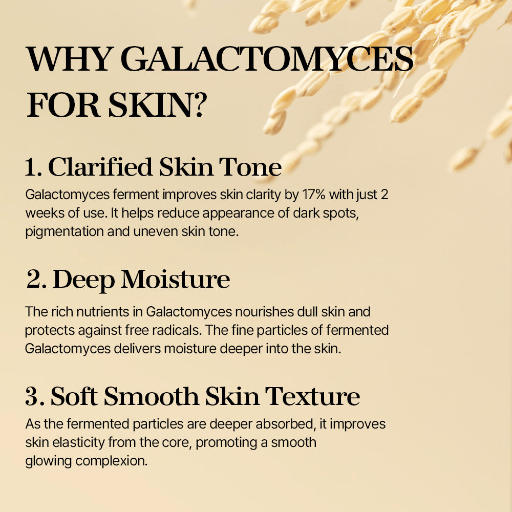Why Galactomyces for skin? Benefits of mixsoon Galactomyces Essence: clarified skin tone, deep moisture, soft smooth texture.