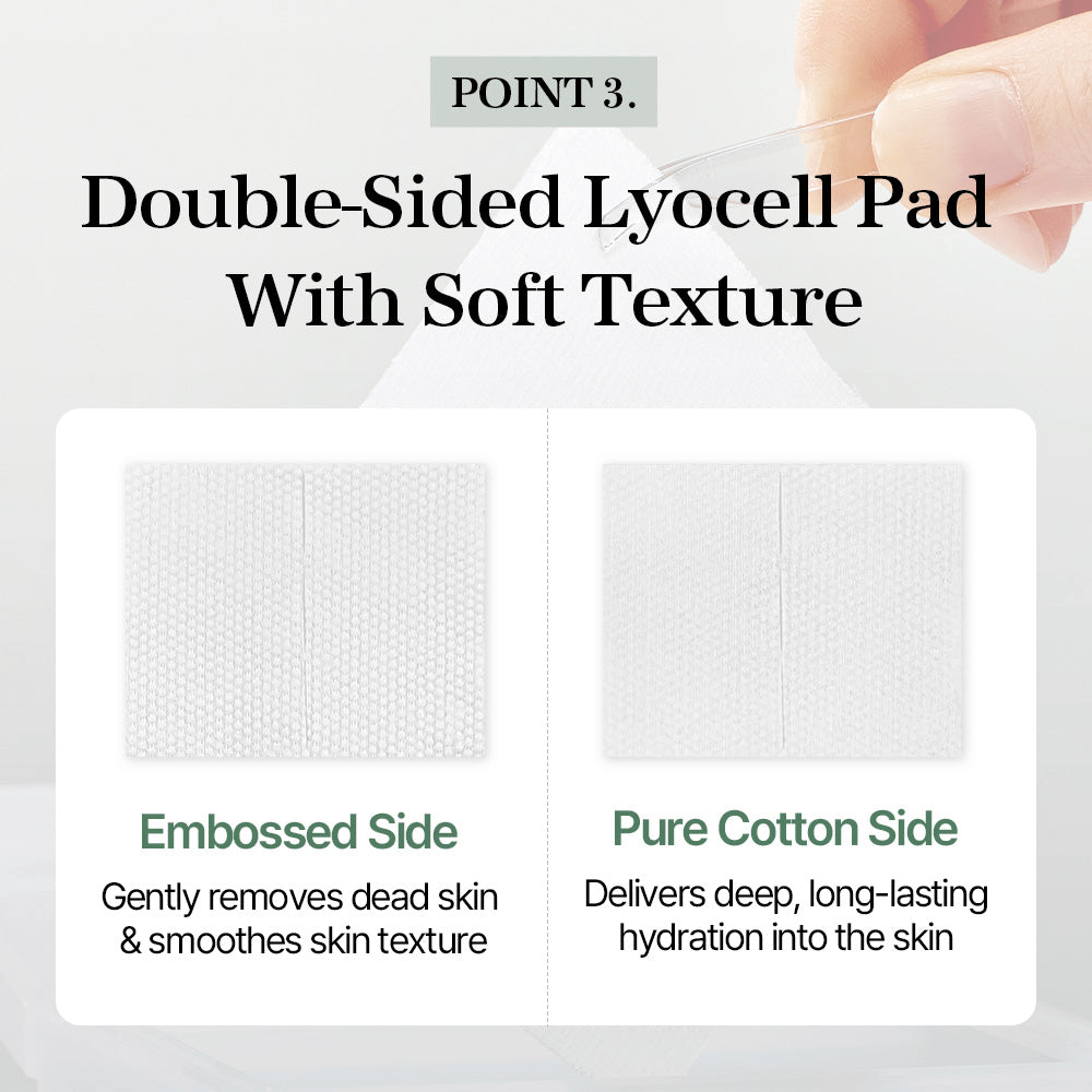Double-sided lyocell pad with embossed and pure cotton sides for gentle exfoliation and hydration in mixsoon Galactomyces Toner Pad.