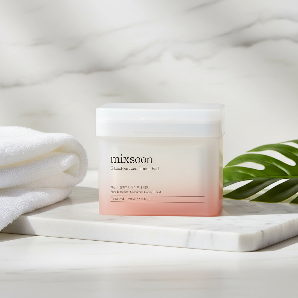 mixsoon Galactomyces Toner Pad packaging for brightening and hydrating skin, vegan skincare product.