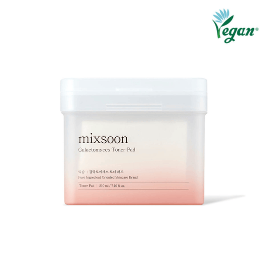 mixsoon Galactomyces Toner Pad packaging for brightening and hydrating skin, vegan skincare product.
