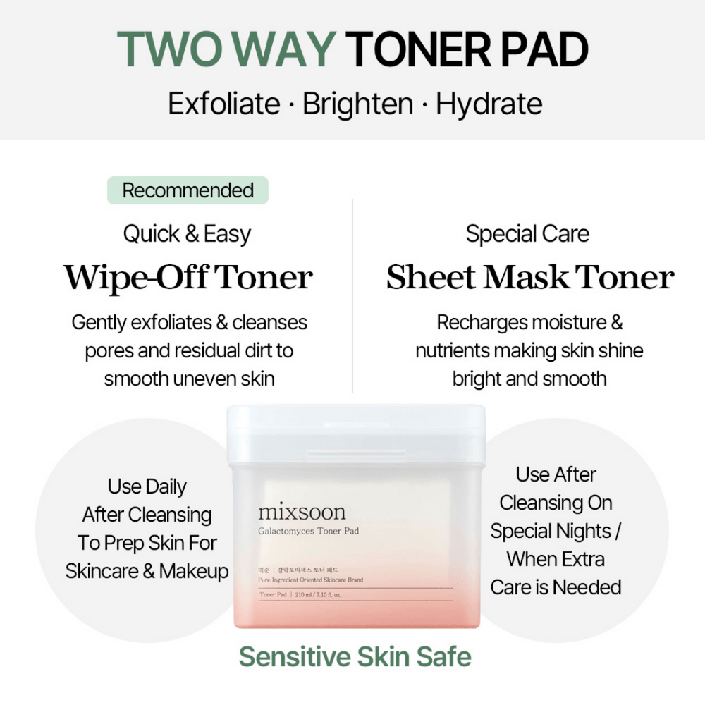 mixsoon Galactomyces Toner Pad for exfoliating, brightening, and hydrating skin safely and effectively.