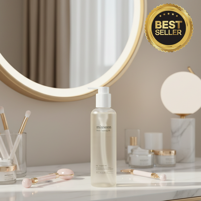 mixsoon Bean Cleansing Oil in a sleek bottle, labeled as a best seller for effective makeup removal and skin nourishment.