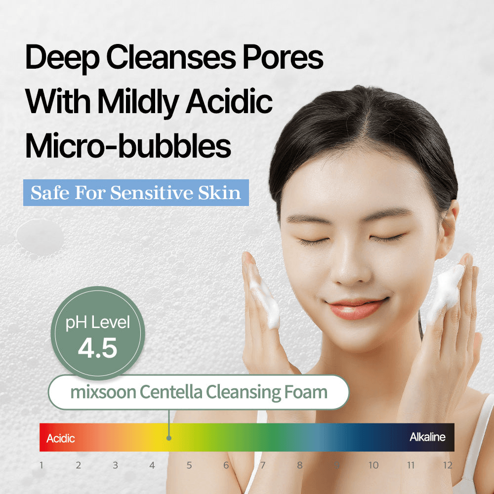mixsoon Centella Cleansing Foam promotes deep cleansing with mildly acidic micro-bubbles safe for sensitive skin.