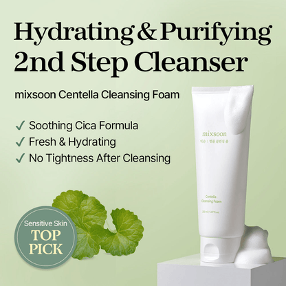 mixsoon Centella Cleansing Foam tube next to a green plant, highlighting its hydrating and soothing qualities.