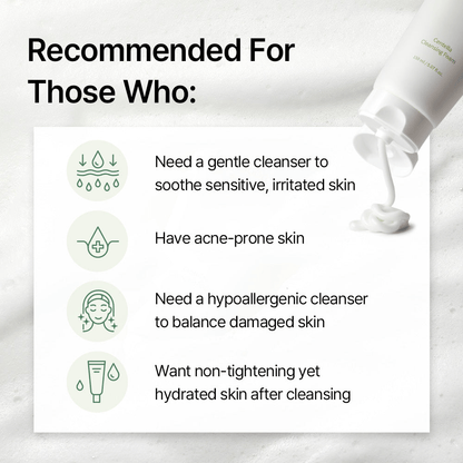 Recommended uses for mixsoon Centella Cleansing Foam including gentle cleansing and hydration for sensitive skin.
