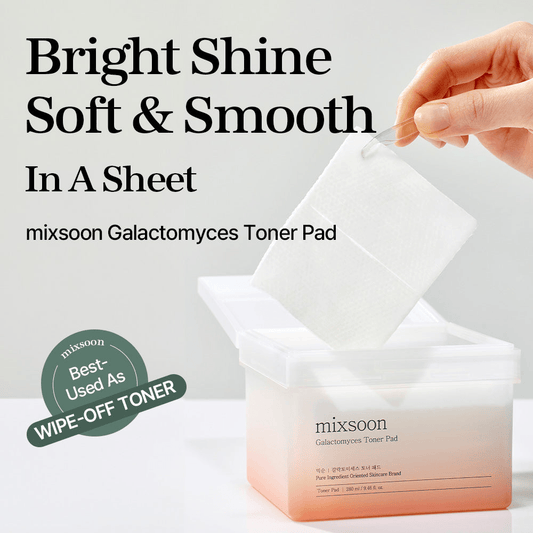 mixsoon Galactomyces Toner Pad package with a toner pad being held, highlighting bright shine and smoothness in skincare routine.