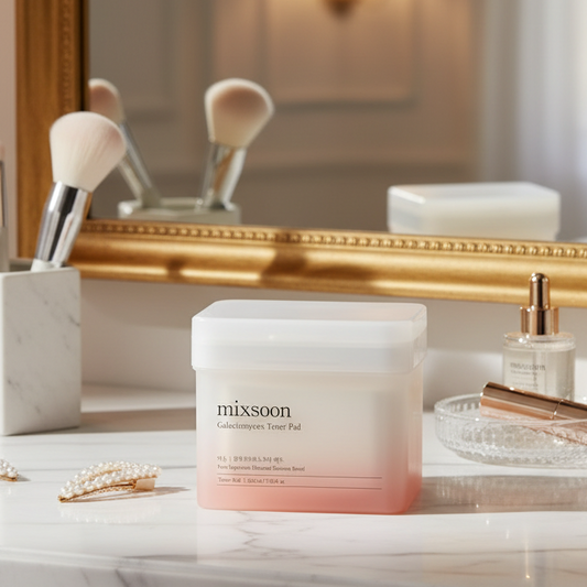 mixsoon Galactomyces Toner Pad packaging for brightening and hydrating skin, vegan skincare product.