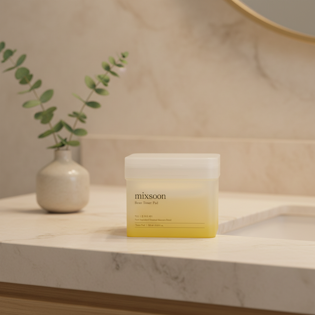 mixsoon Bean Toner Pad packaging in a clear container with a yellow gradient, promoting smooth and hydrated skin.