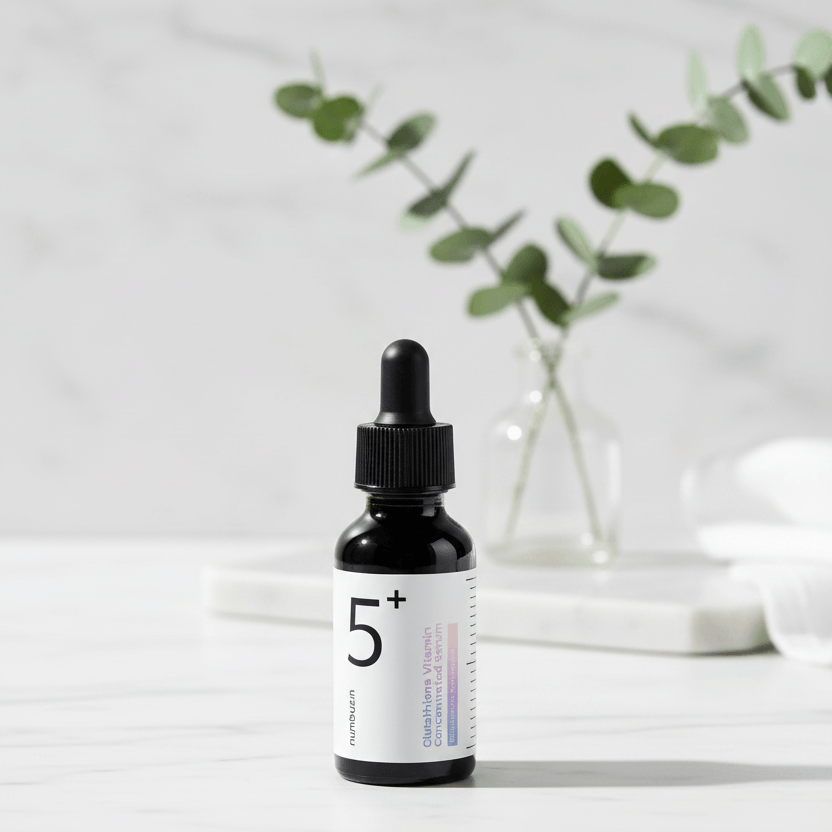 Black dropper bottle with a white label on a white background