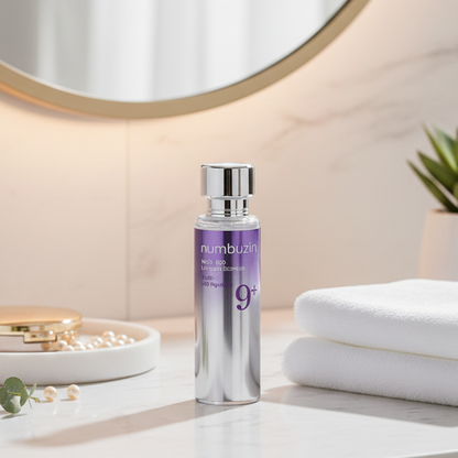 Numbuzin No. 9 NAD+ BIO Lifting-sil Essence bottle on a countertop with soft towels.