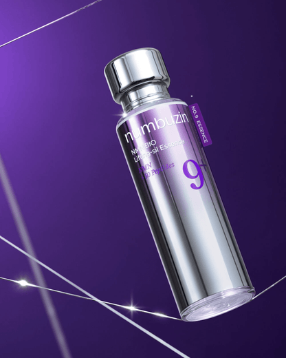 Numbuzin No. 9 NAD+ BIO Lifting-sil Essence bottle on a purple background, enhancing skin vitality.