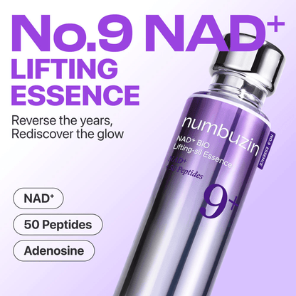 Numbuzin No. 9 NAD+ BIO Lifting-sil Essence bottle with promoting text for skin revitalization and glow