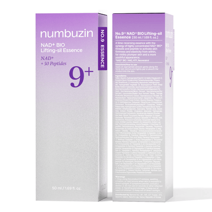 Numbuzin No. 9 NAD+ BIO Lifting-sil Essence product packaging showing details and benefits.