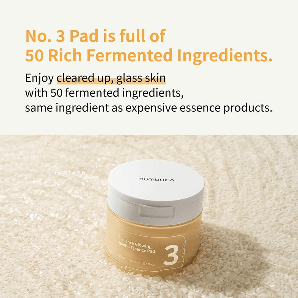 numbuzin No.3 Radiance Glowing Jumbo Essence Pads, jar with rich fermented ingredients for glowing skin.
