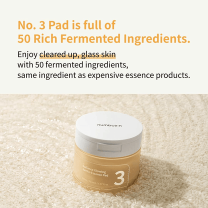 numbuzin No.3 Radiance Glowing Jumbo Essence Pads, jar with rich fermented ingredients for glowing skin.