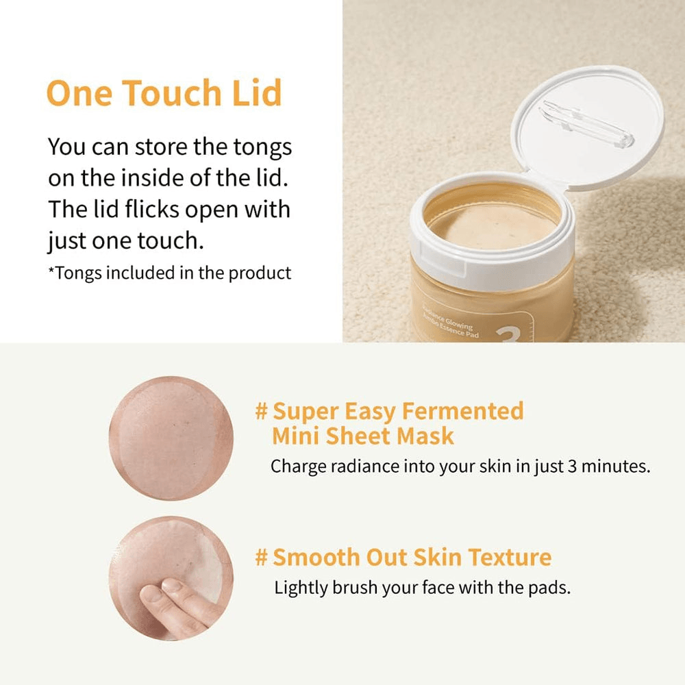 numbuzin No.3 Radiance Glowing Jumbo Essence Pads features easy access one touch lid and tongs for skincare application.