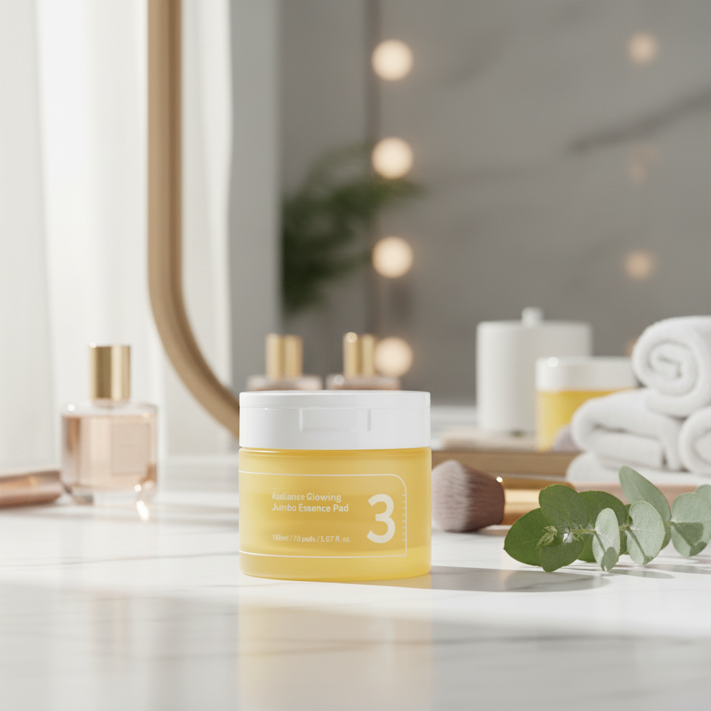numbuzin No.3 Radiance Glowing Jumbo Essence Pads in a serene setting with towels and greenery.