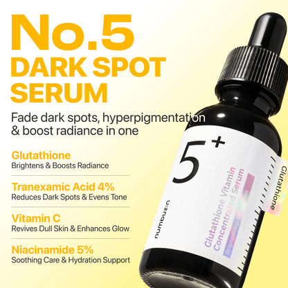 numbuzin No.5 Glutathione Vitamin Concentrated Serum in a dropper bottle promoting dark spot reduction and skin radiance.