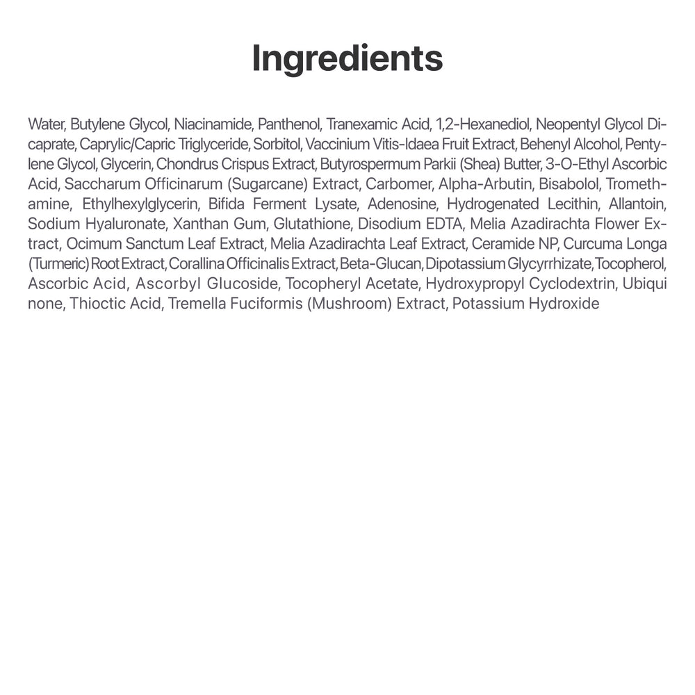 Ingredients list for numbuzin No.5 Glutathione Vitamin Concentrated Serum highlighting key components for brightening skin.