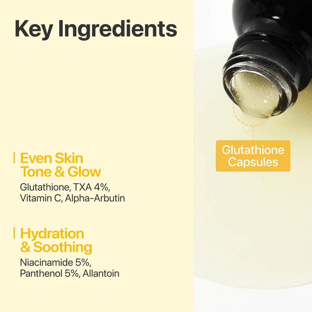 Key ingredients for numbuzin No.5 Glutathione Vitamin Concentrated Serum, highlighting Glutathione capsules and other nourishing components.
