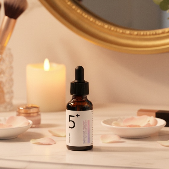 numbuzin No.5 Glutathione Vitamin Concentrated Serum bottle on a marble surface with greenery in the background