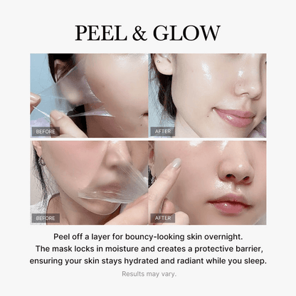 Peel and glow results using Medicube Collagen Night Wrapping Mask for hydrated and radiant skin overnight.