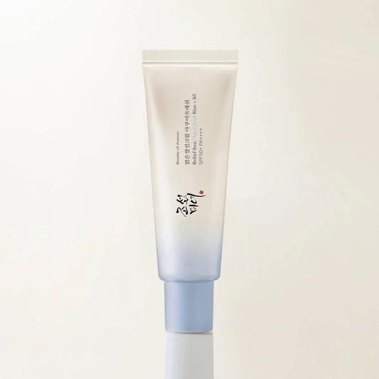 Relief Sun Aqua-Fresh Rice B5 SPF50 in a tube, perfect for oily and combination skin, Korean skincare products.