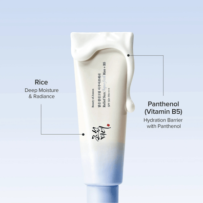 Relief Sun Aqua-Fresh Rice B5 SPF50 with rice and panthenol for hydration and moisture in Korean skincare products.