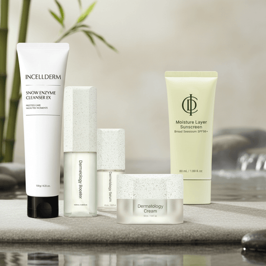 Set of skincare products including cleanser, moisturizer, and sunscreen on a white background