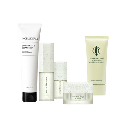 Riman ICD Essential Morning Routine Set featuring Snow Enzyme Cleanser, Dermatology Lotion, Cream, and Sunscreen.