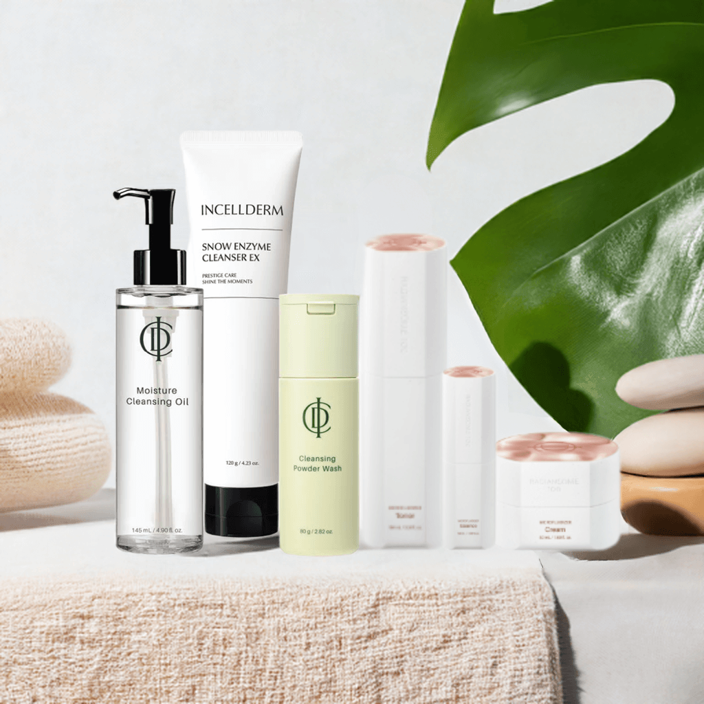 Riman ICD Radiansome 100 Advanced Ritual Set displayed with various skincare products for cleansing and hydration.
