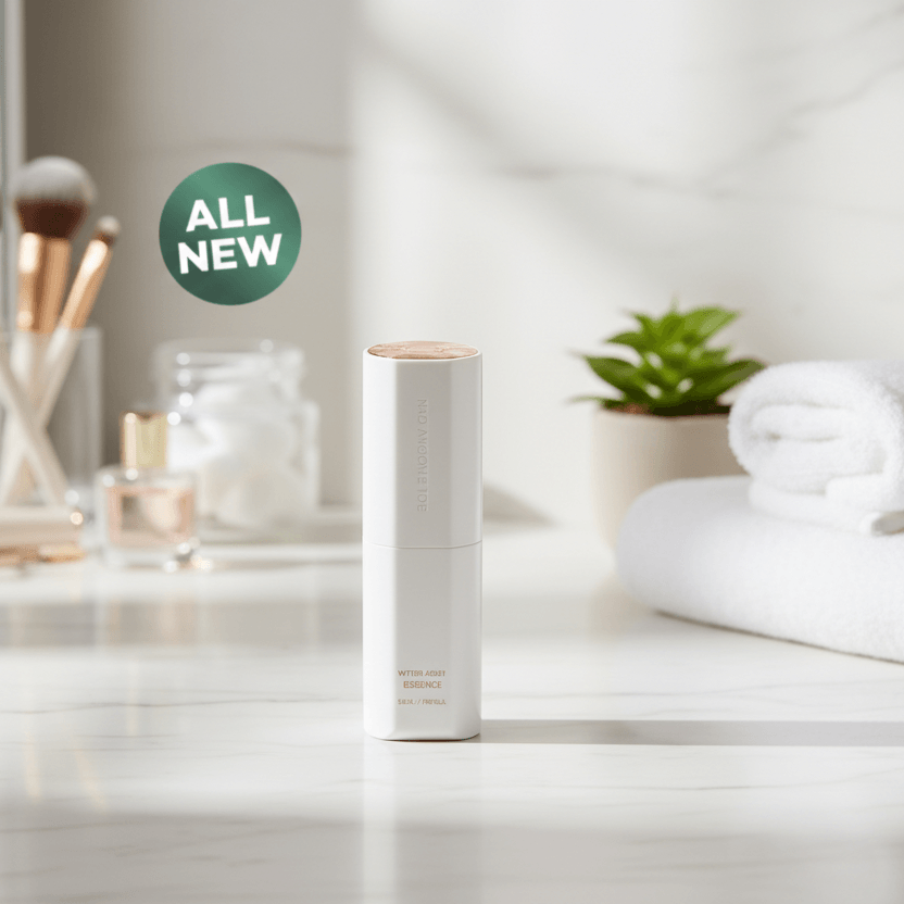 ICD Radiansome 100 Microfluidizer Essence bottle on a marble counter with beauty products in background
