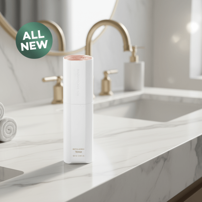 ICD Radiansome 100 Microfluidizer Toner bottle shown on a bathroom counter with a golden faucet and a green 'All New' badge.
