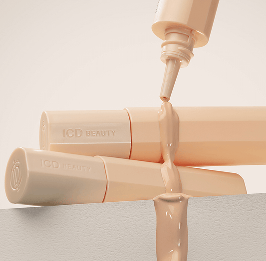 Riman ICD Sheer Glow BB cream bottle pouring onto two additional tubes, showcasing its light texture and smooth finish.