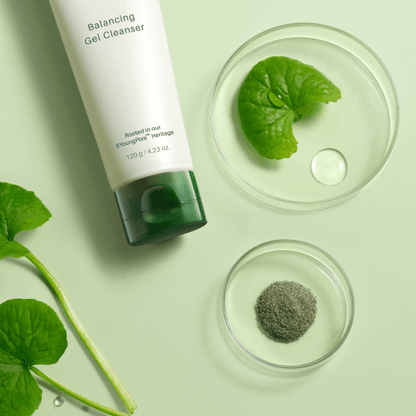 RIMAN ICD Balancing Gel Cleanser displayed with natural ingredients on a light green background.
