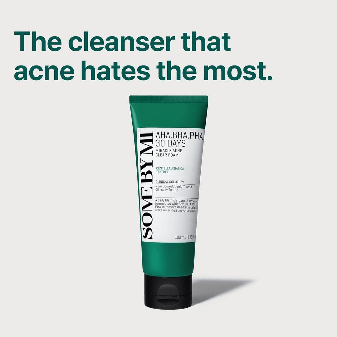 SOME BY MI AHA BHA PHA 30 Days Miracle Cleansing Foam for acne-prone skin with salicylic acid and calming botanicals.