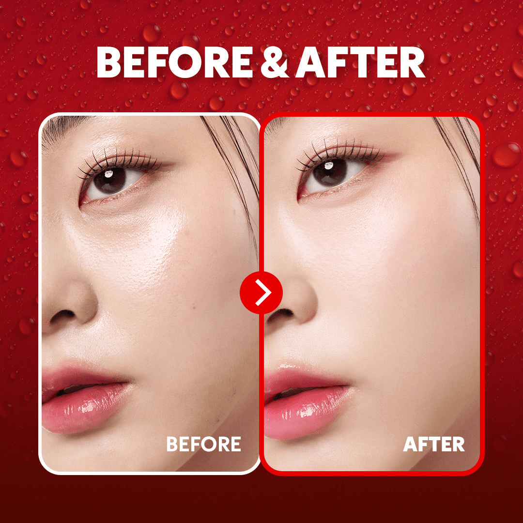 Before and after image showing the results of TIRTIR Mask Fit Makeup Fixer on flawless skin.