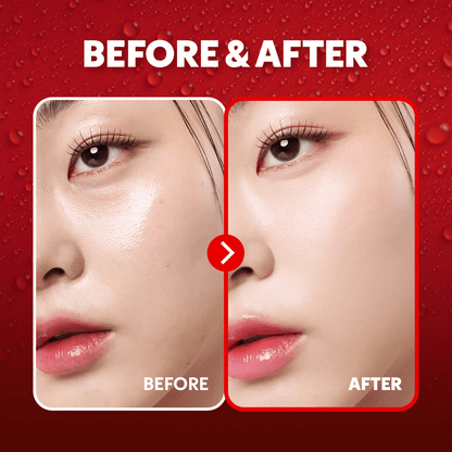 Before and after image showing the results of TIRTIR Mask Fit Makeup Fixer on flawless skin.