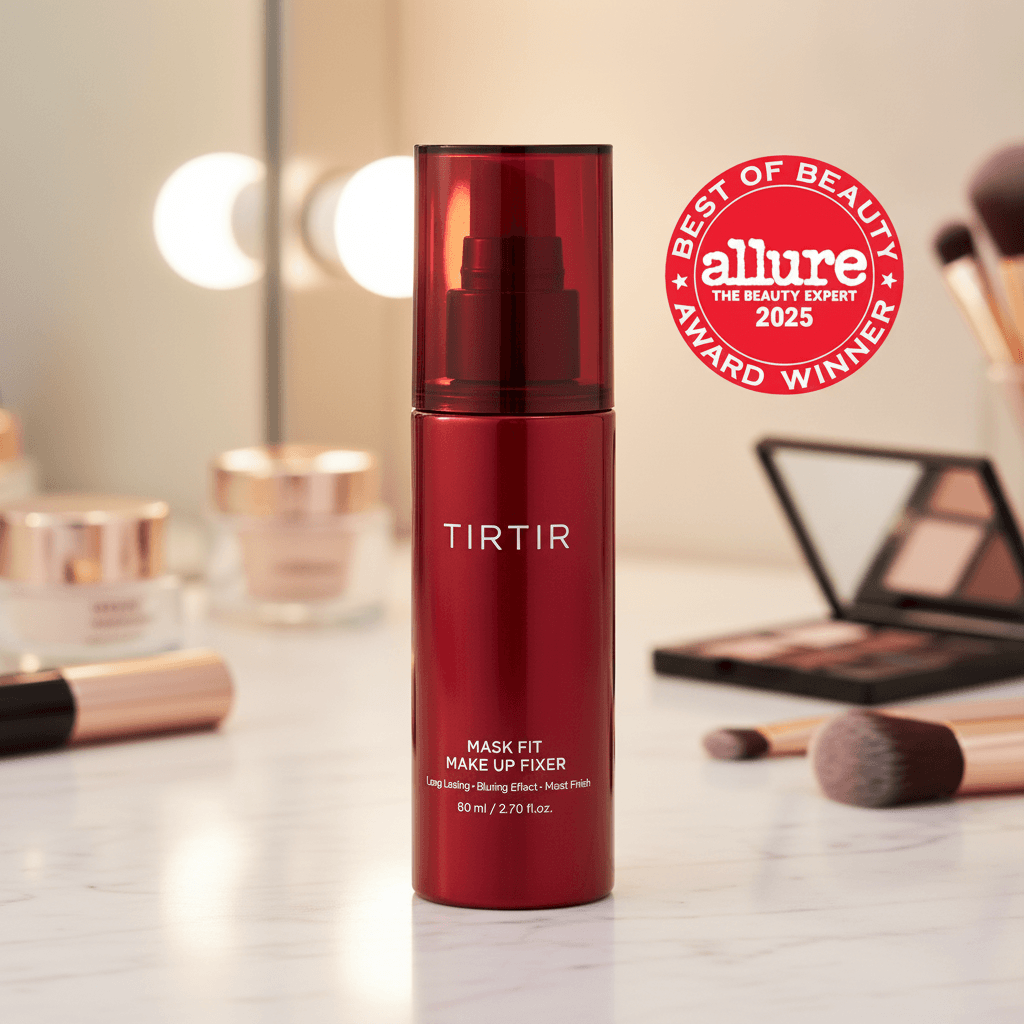 TIRTIR Mask Fit Makeup Fixer bottle displayed on vanity with beauty products, Best of Beauty Award Winner 2025.