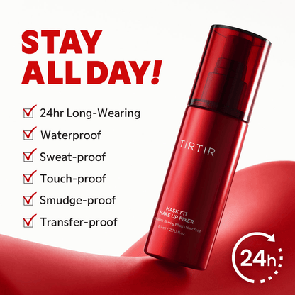 TIRTIR Mask Fit Makeup Fixer in a red bottle with features like waterproof and long-wearing, ideal for all-day makeup.
