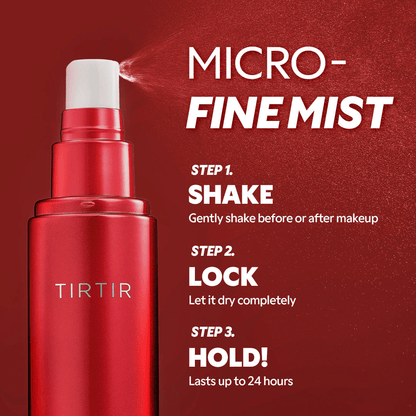 TIRTIR Mask Fit Makeup Fixer in a spray bottle with instructions: Shake, Lock, and Hold for lasting makeup.