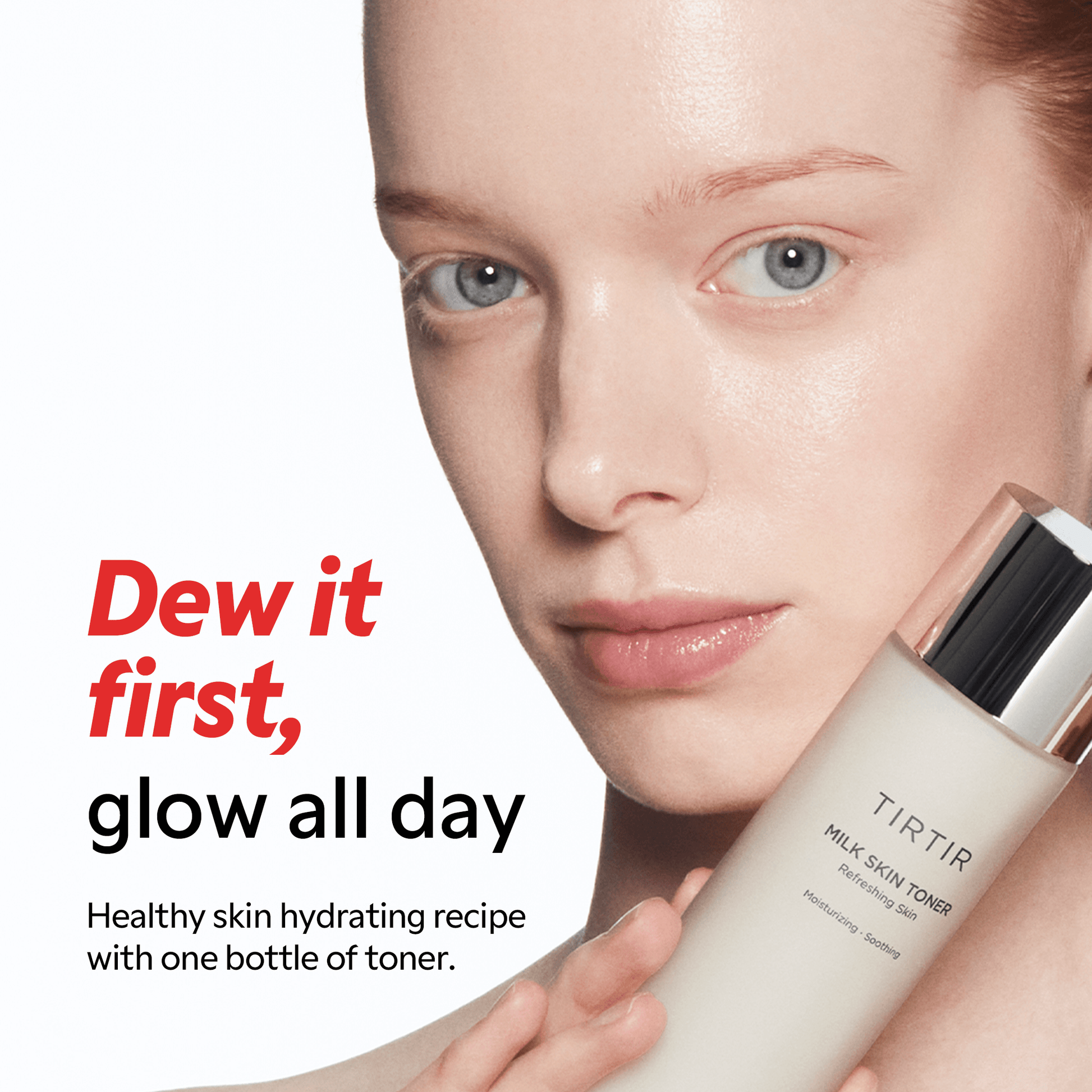 TIRTIR Milk Skin Toner | Korean Skincare Products displayed on a model with glowing skin and healthy hydration.