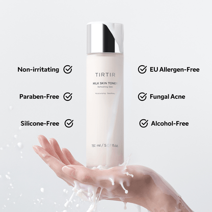 TIRTIR Milk Skin Toner | Korean Skincare Products displayed with benefits like non-irritating, paraben-free, and alcohol-free.