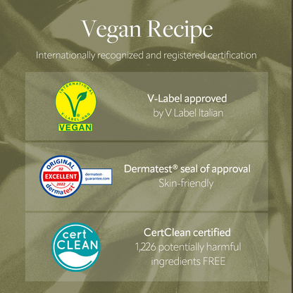 Vegan certification badges for d'Alba Mild Skin Balancing Vegan Cleanser, including V-Label, Dermatest seal, and CertClean.