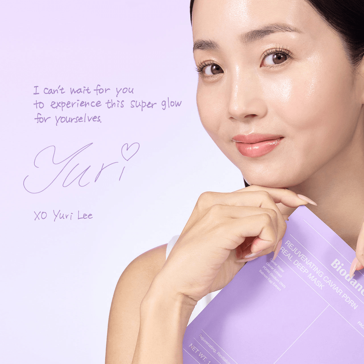 Biodance Rejuvenating Caviar PDRN Real Deep Mask showcased by a smiling model promoting Korean skincare products.