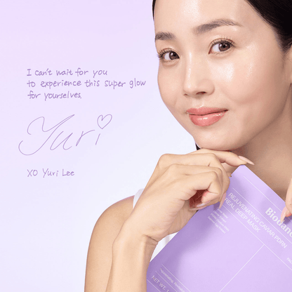 Biodance Rejuvenating Caviar PDRN Real Deep Mask showcased by a smiling model promoting Korean skincare products.